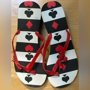 Red Black & White Casino flip flop sandals with faux leather strap Size:7M